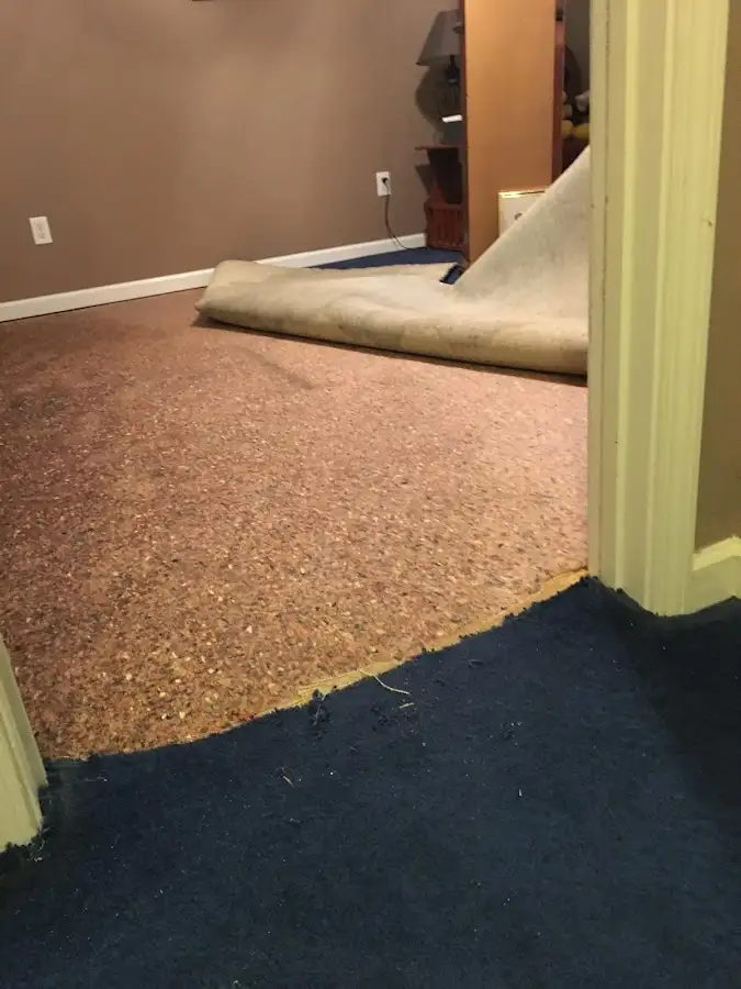 Carpet pad removal revealing water damage during Water Mitigation Services in South Middleton