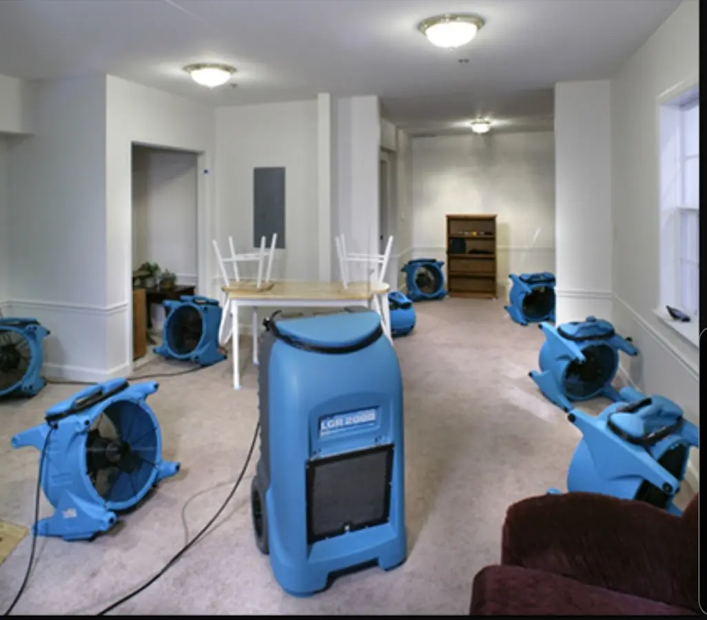 Air movers and dehumidifier setup for Water Damage Restoration in South Middleton